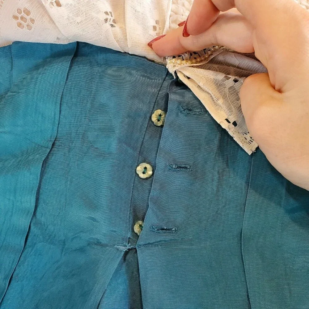 Vintage Girls XS 4/5 Taffeta Teal‎ Blue Green Lace Collared Dress Pleated
